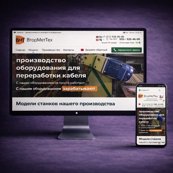 ВторМетТех — сайт на компьютере и телефоне